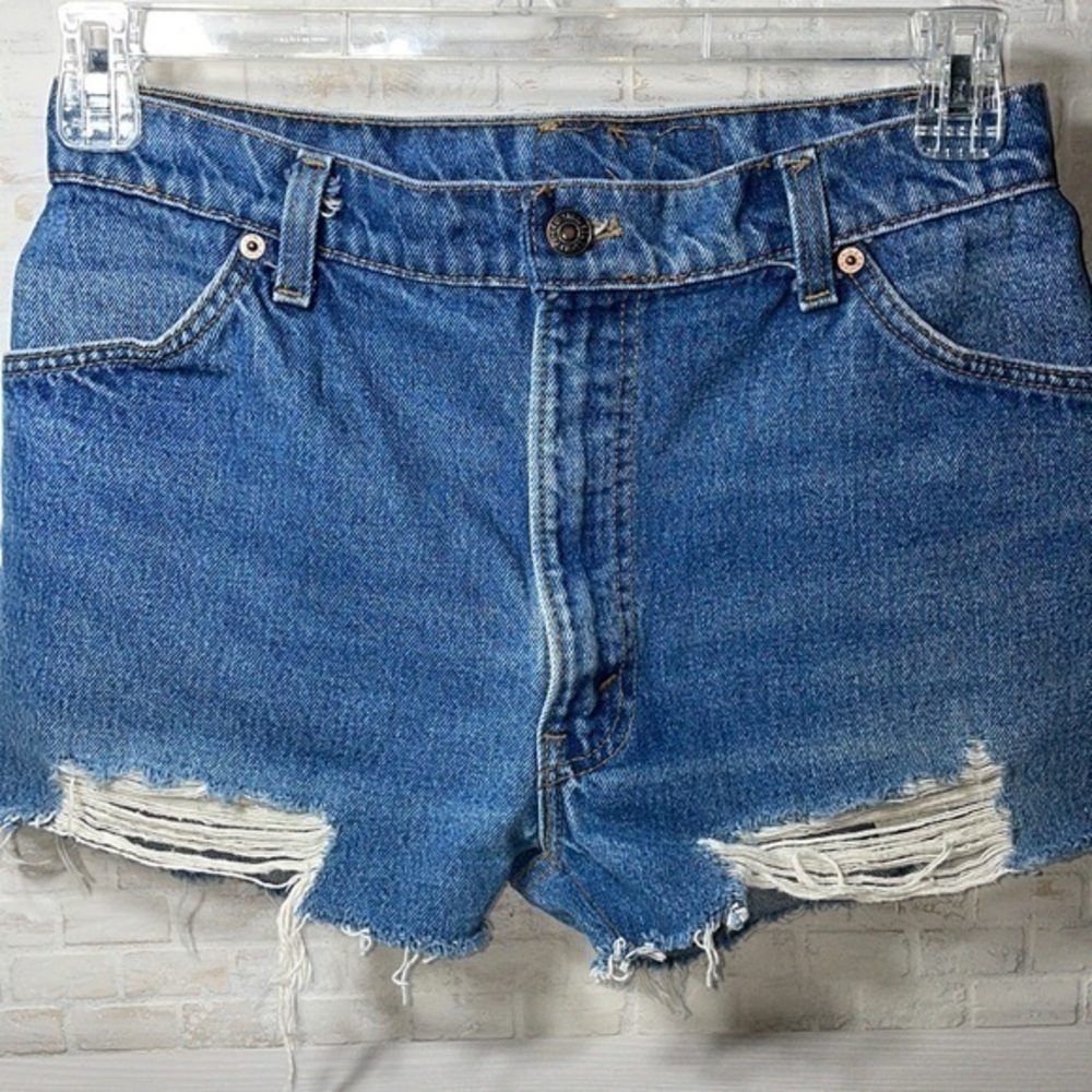 Levis Orange Tag Distressed Hi Rise Raw Fray Hem Festival Boho Denim Jean Shorts